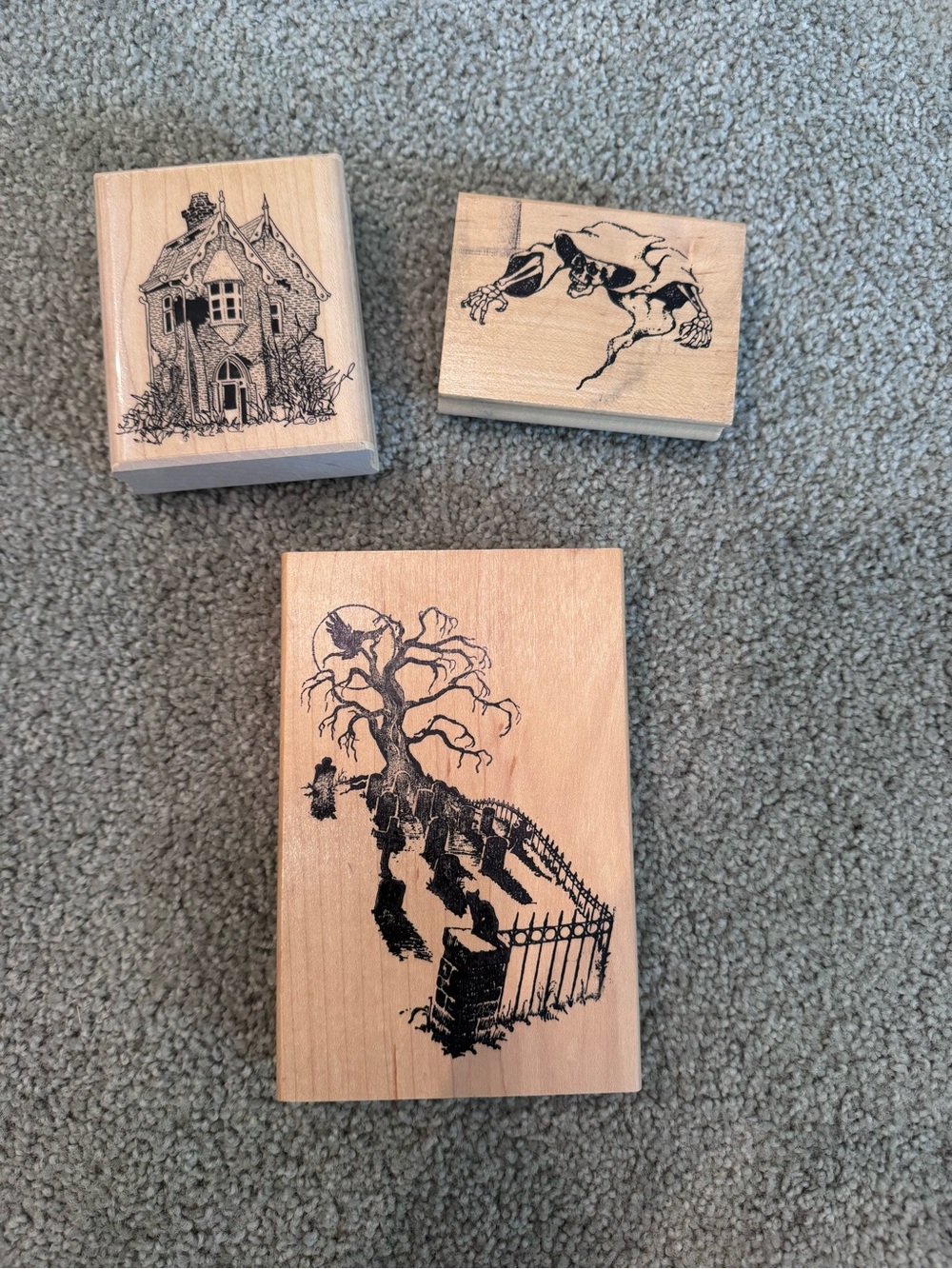 Vtg Spooky Creepy Halloween Wood & Rubber Stamps Crafts Scrapbooking Lot of 3